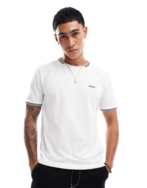 BOSS Green – Taul – T-Shirt in Weiß mit Zierstreifen