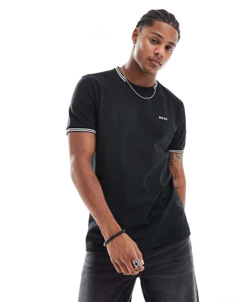 BOSS GREEN - Taul - T-shirt nera con righe a contrasto sui bordi - view 1