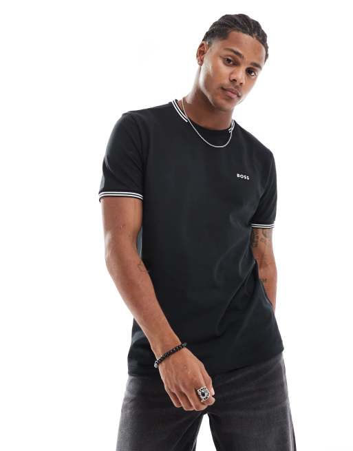 BOSS GREEN - Taul - T-shirt nera con righe a contrasto sui bordi