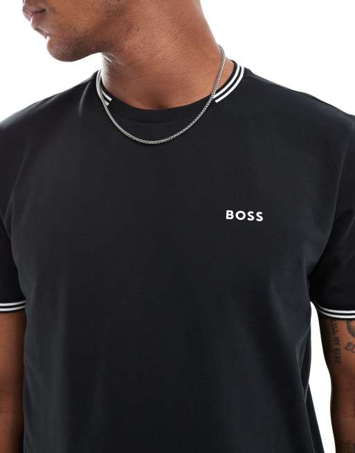 BOSS GREEN - Taul - T-shirt nera con righe a contrasto sui bordi, 2 di 4