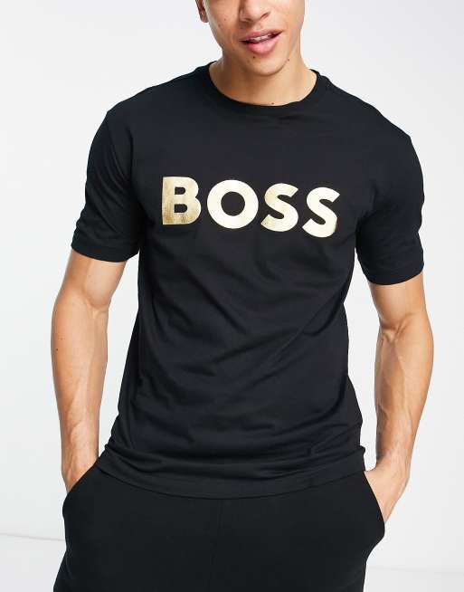 BOSS – Green Tee 1 – Svart t-shirt med avslappnad passform och logga 