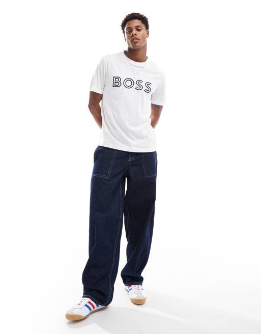 BOSS GREEN – Tee 1 – T-Shirt in Weiß mit Logoprint in Schwarz