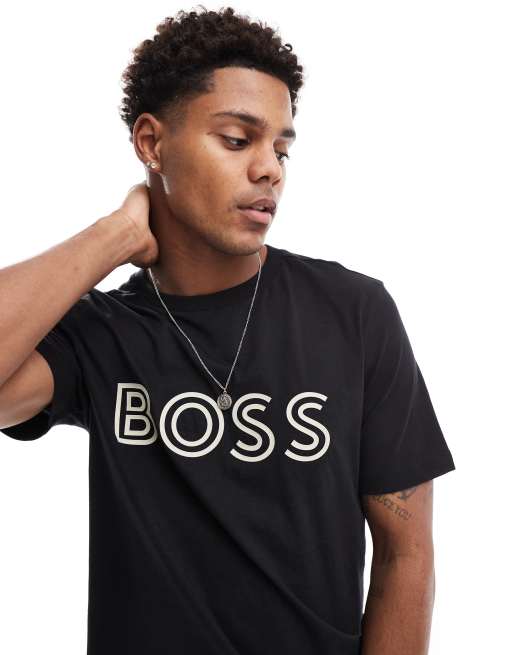 BOSS Green - Tee 1 - T-shirt met in zwart met beige logoprint