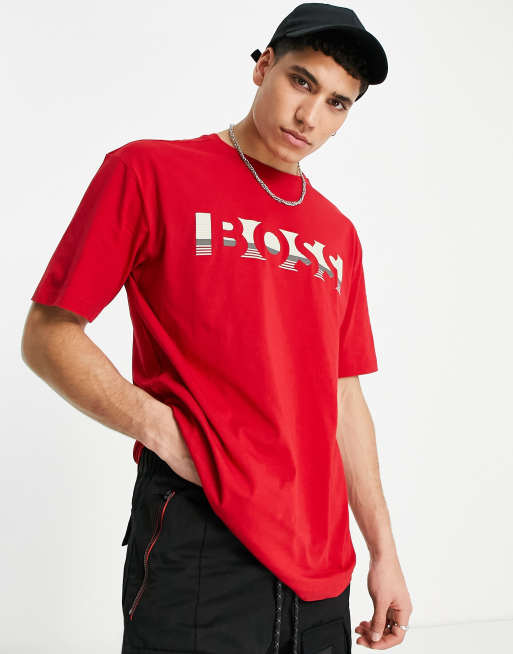 BOSS - Green - Tee - T-shirt met opvallend logo in rood 