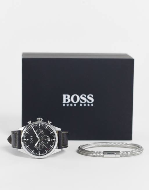 Boss Homme Coffret cadeau montre homme en cuir et bracelet Noir