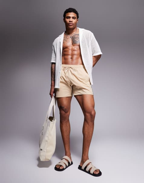 BOSS – Iconic – Badeshorts in Hellbeige mit seitlichem Streifen und Logo - view 1