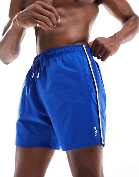 Boss Iconic logo swim short in blue with side stripe - view 1