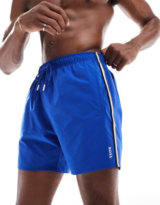 Boss Iconic logo swim shorts in blue with side stripe