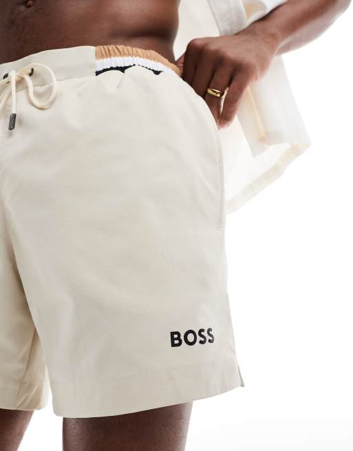 Boss Isle swim shorts in beige with contrast waistband, 3 of 4