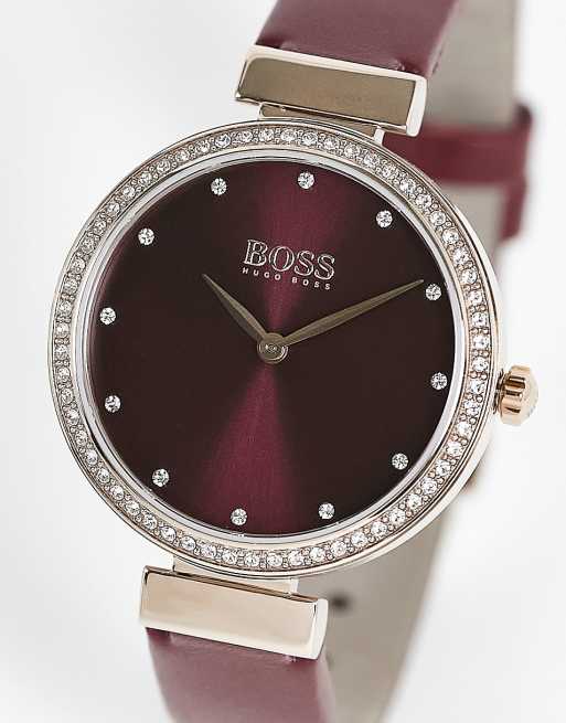 BOSS - Klassiek horloge met kristaldetail en echt leren bandje in bordeauxrood