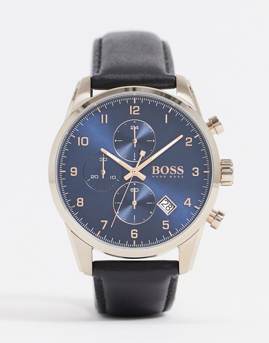 BOSS – Klocka med svart läderarmband och blå urtavla – 1513783