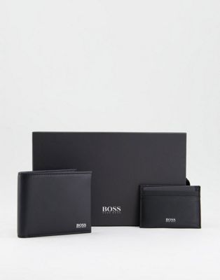 BOSS leather wallet and card holder gift set in black