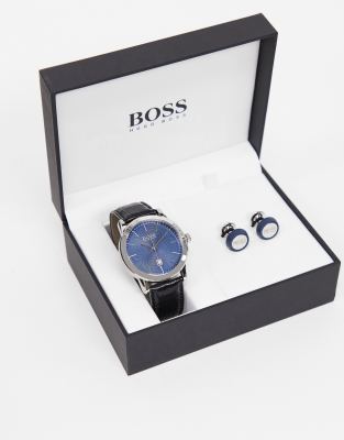 Hugo Boss Boss Leather Watch And Cufflinks Gift Set-navy