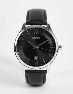 BOSS leather watch in black