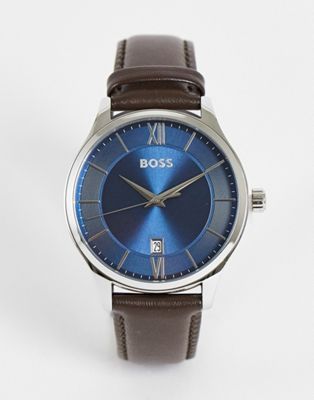 BOSS leather watch with blue face in brown 1513955