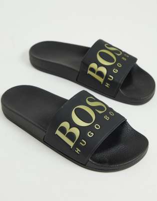 hugo boss sliders black and gold