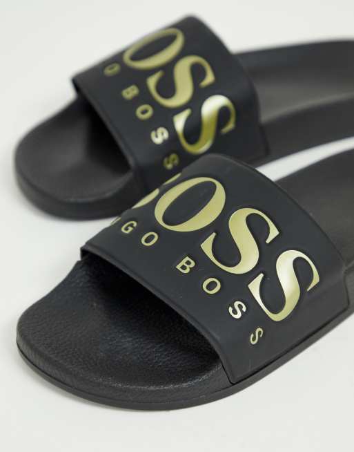 Hugo boss sliders black and clearance gold