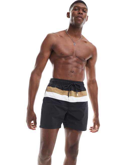 BOSS Luis swim shorts in dark grey with logo stripes, 3 of 4