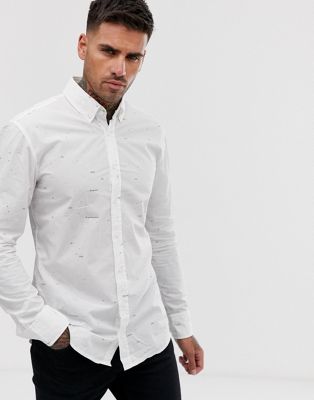 BOSS - Mabsoot - Slim-fit overhemd met lange mouwen en print in wit