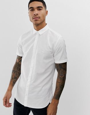 BOSS - Magneton - Slim-fit Oxford overhemd met korte mouwen in wit