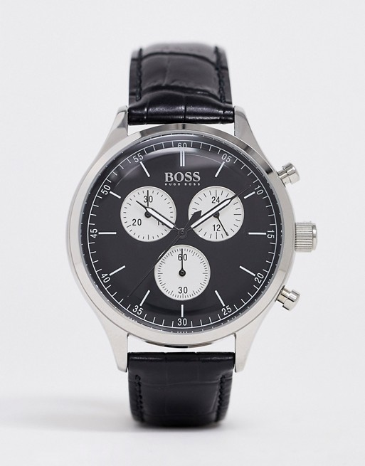 Boss mens companion watch with leather strap in black