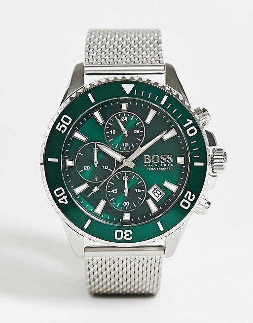 Boss mens green dial bracelet watch in silver 1513905
