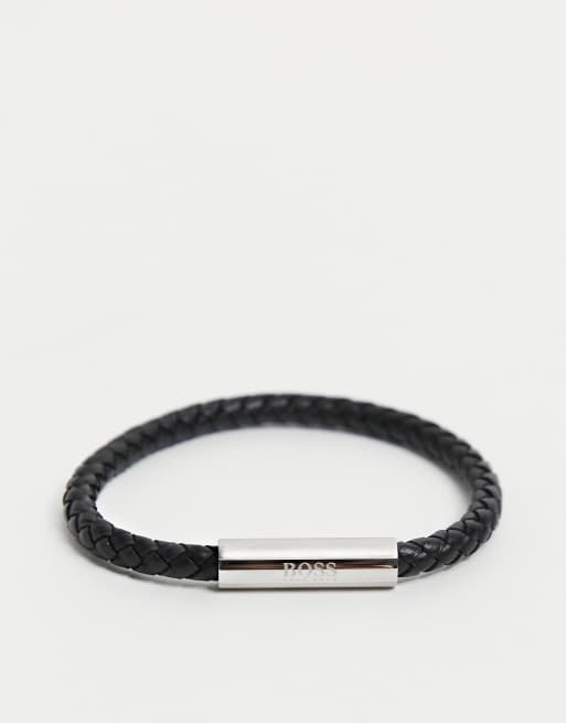 BOSS mens leather braided bracelet in black