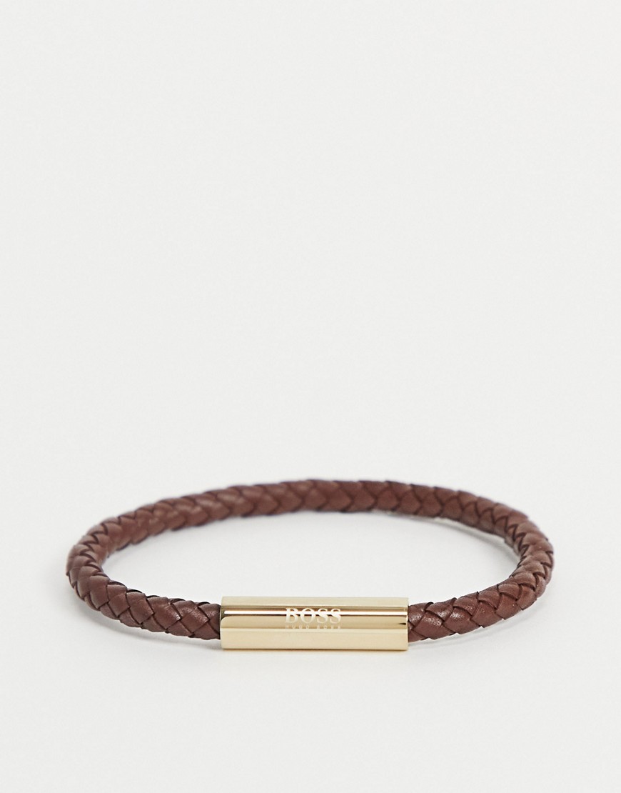 Boss mens leather braided bracelet in brown
