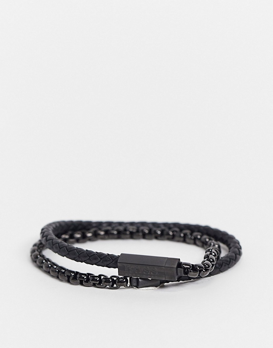 BOSS mens leather chain double wrap bracelet in black