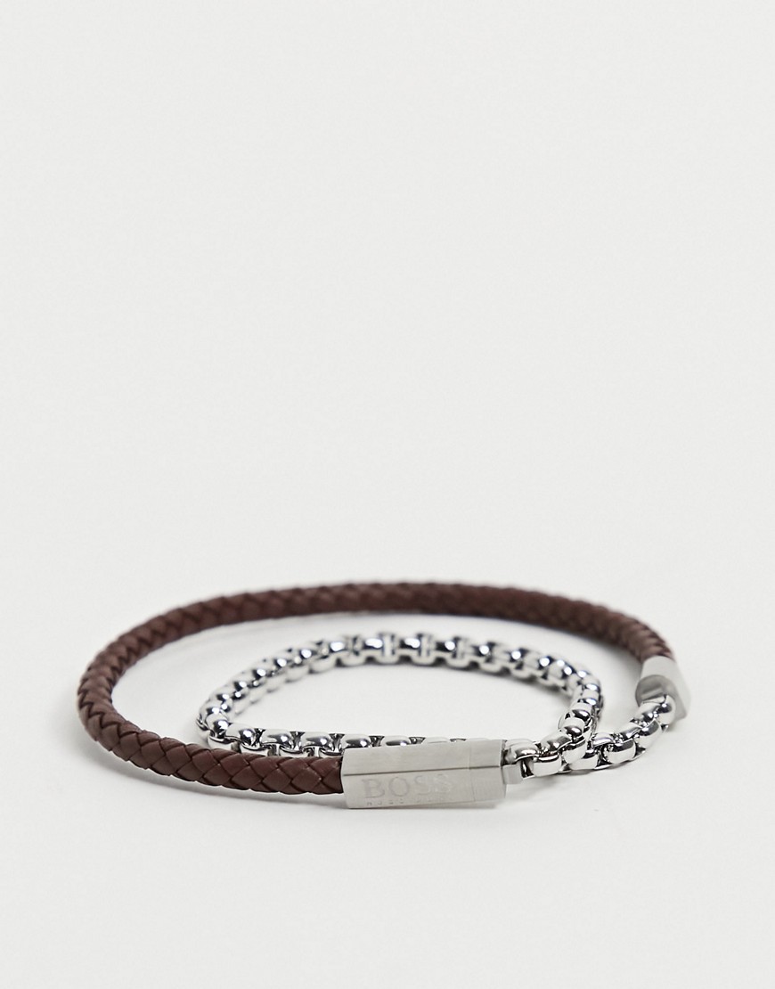 Boss mens leather chain double wrap bracelet in brown