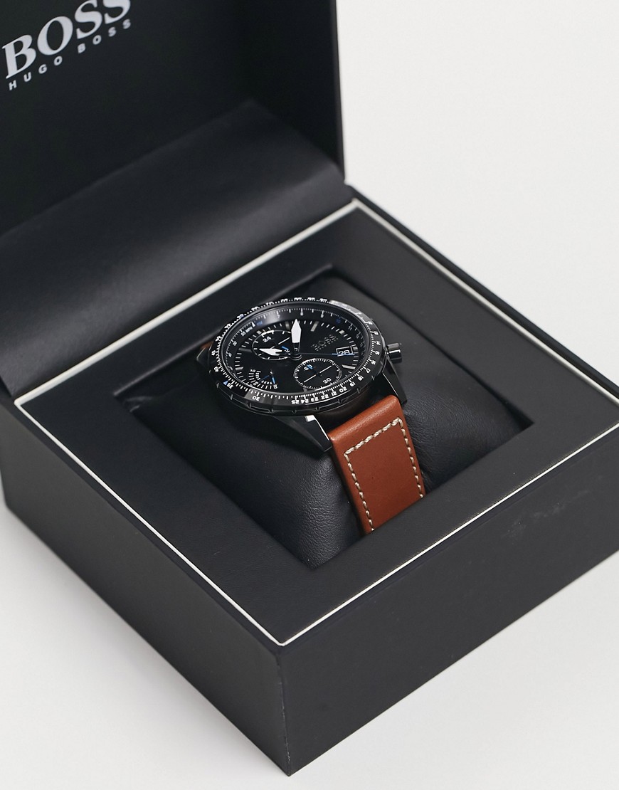 Boss mens leather chronograph watch in brown