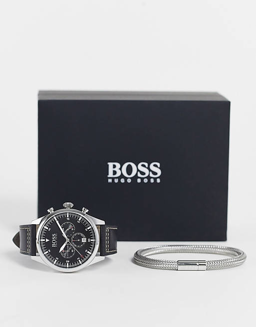 Boss mens leather watch and bracelet boxed gift set in black