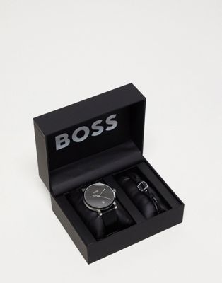 Boss mens leather watch and leather bracelet gift set in black