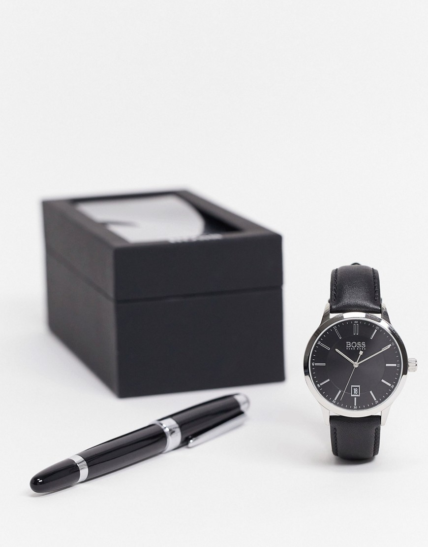Boss mens leather watch and pen gift set in black