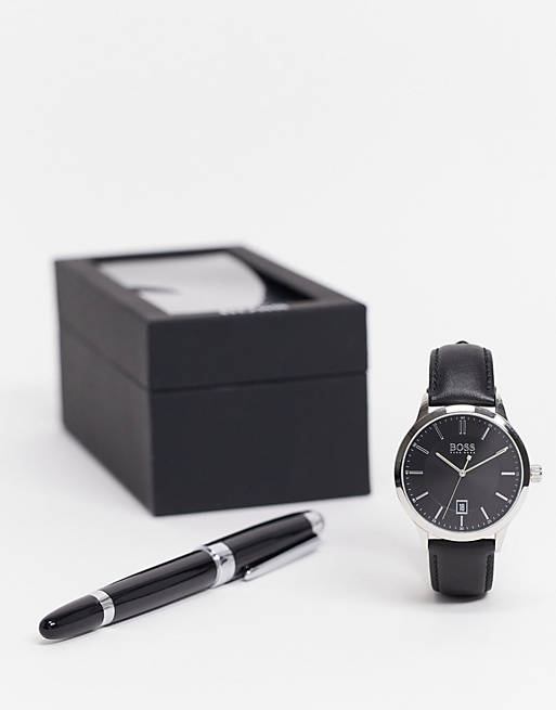 Boss mens leather watch and pen gift set in black