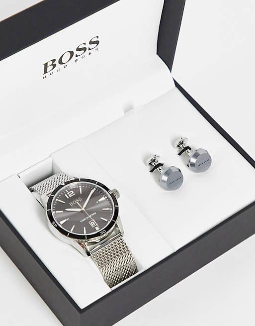 tidsplan Diverse varer Alt det bedste BOSS mens mesh watch and cufflinks in boxed gift set in silver | ASOS