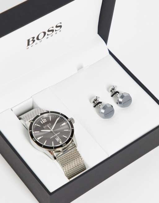 scrapbog Følg os Thriller BOSS mens mesh watch and cufflinks in boxed gift set in silver | ASOS