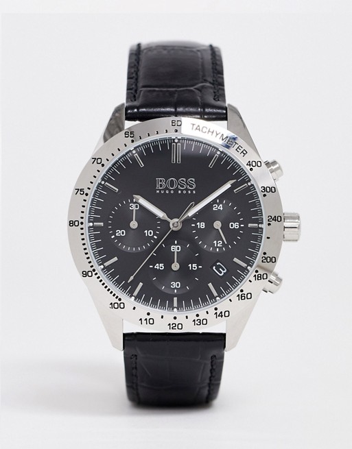 Boss mens talent leather strap chronograph watch in black