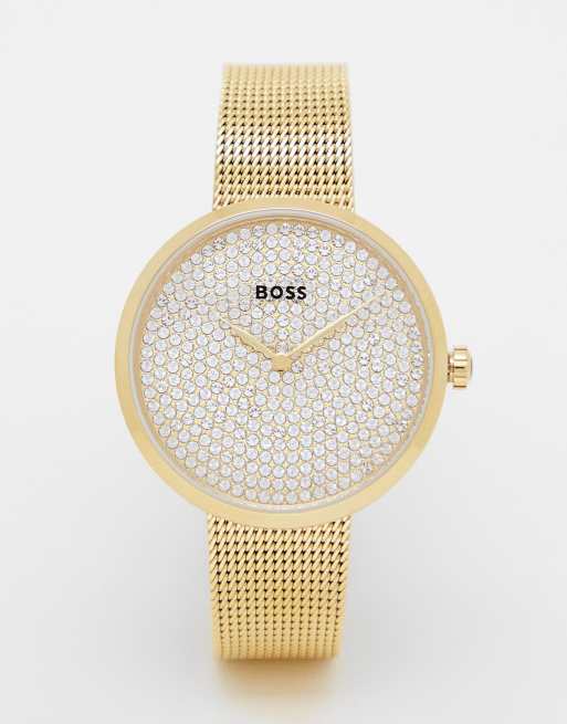 Boss - Mesh armbandhorloge voor dames met wijzerplaat met siersteentjes in goud 