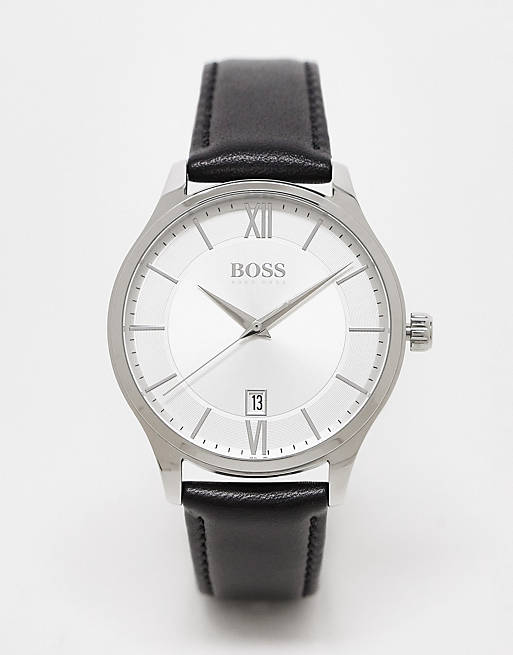 BOSS – Męski zegarek na skórzanym czarnym pasku z białą tarczą – 1513893