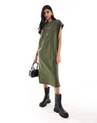 BOSS - Midi-Sweatkleid in Khaki mit Logo-Grün