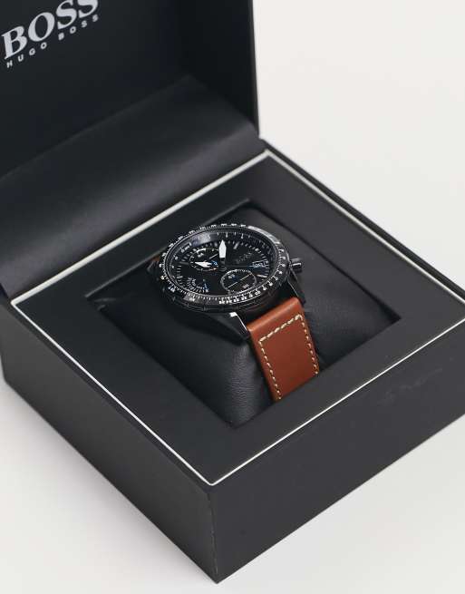 Boss Montre chronographe pour homme bracelet en cuir Marron