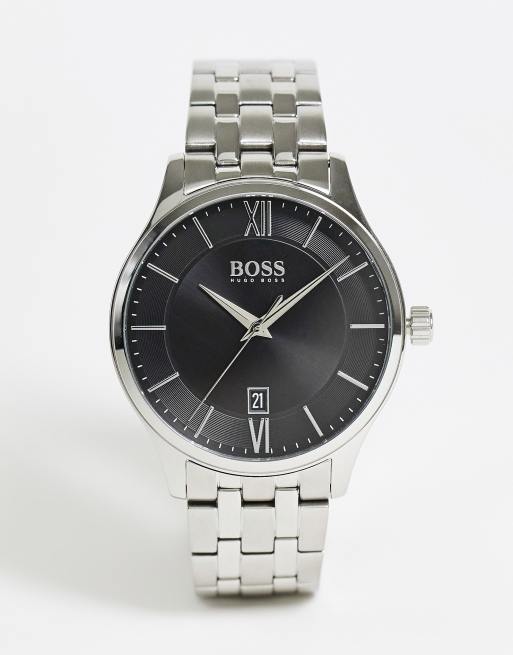 Boss Montre homme avec cadran noir et bracelet maille Argent