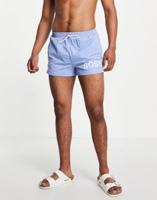 BOSS Mooneye short length swim shorts with bold logo in light blue