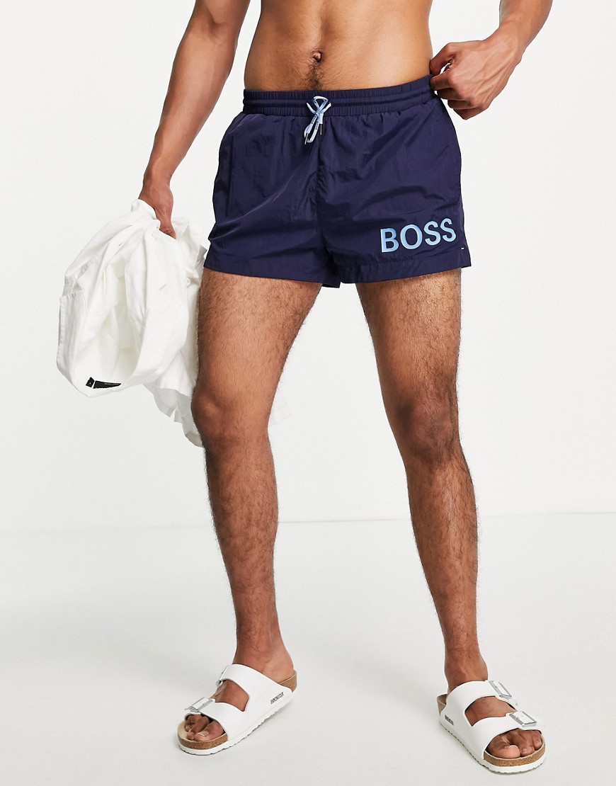 BOSS Mooneye short length swim shorts with bold logo in navy