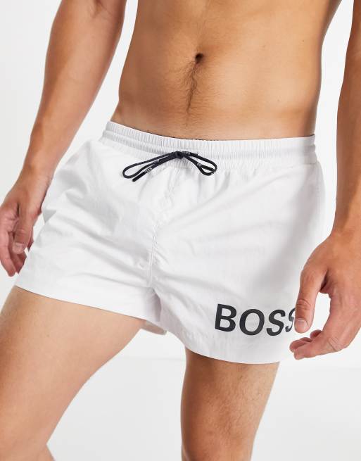 BOSS Mooneye short length swim shorts with bold logo in white