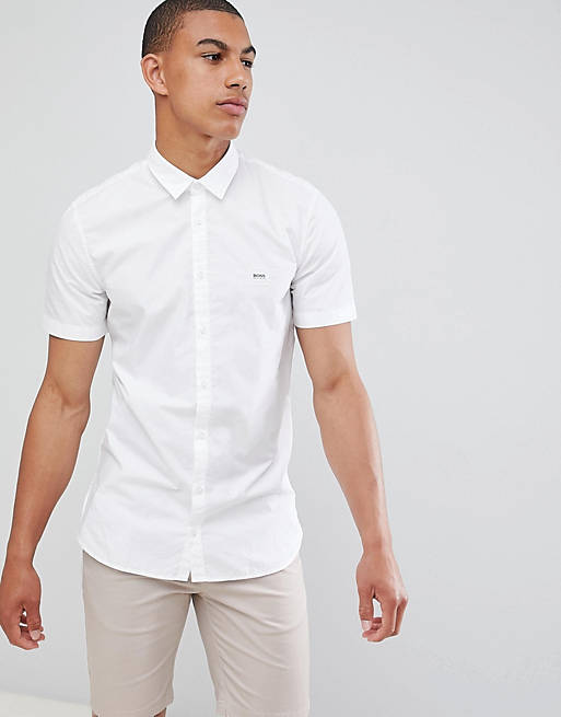 BOSS Mypop box logo short sleeve shirt in white | ASOS