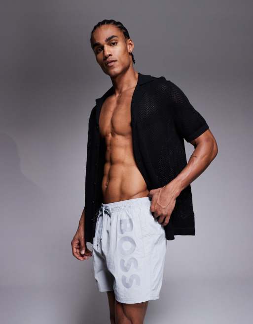 Boss Octopus logo swim shorts in grey, 3 of 5