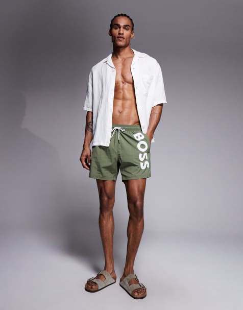Boss Octopus logo swim shorts in khaki - view 1