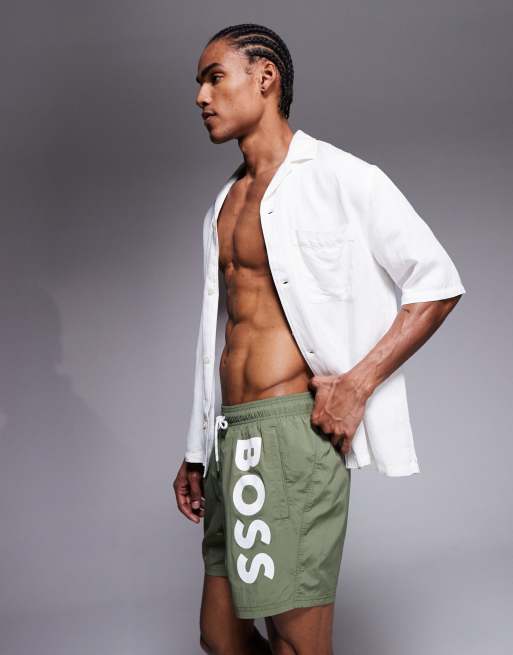 Boss Octopus logo swim shorts in khaki, 3 of 5